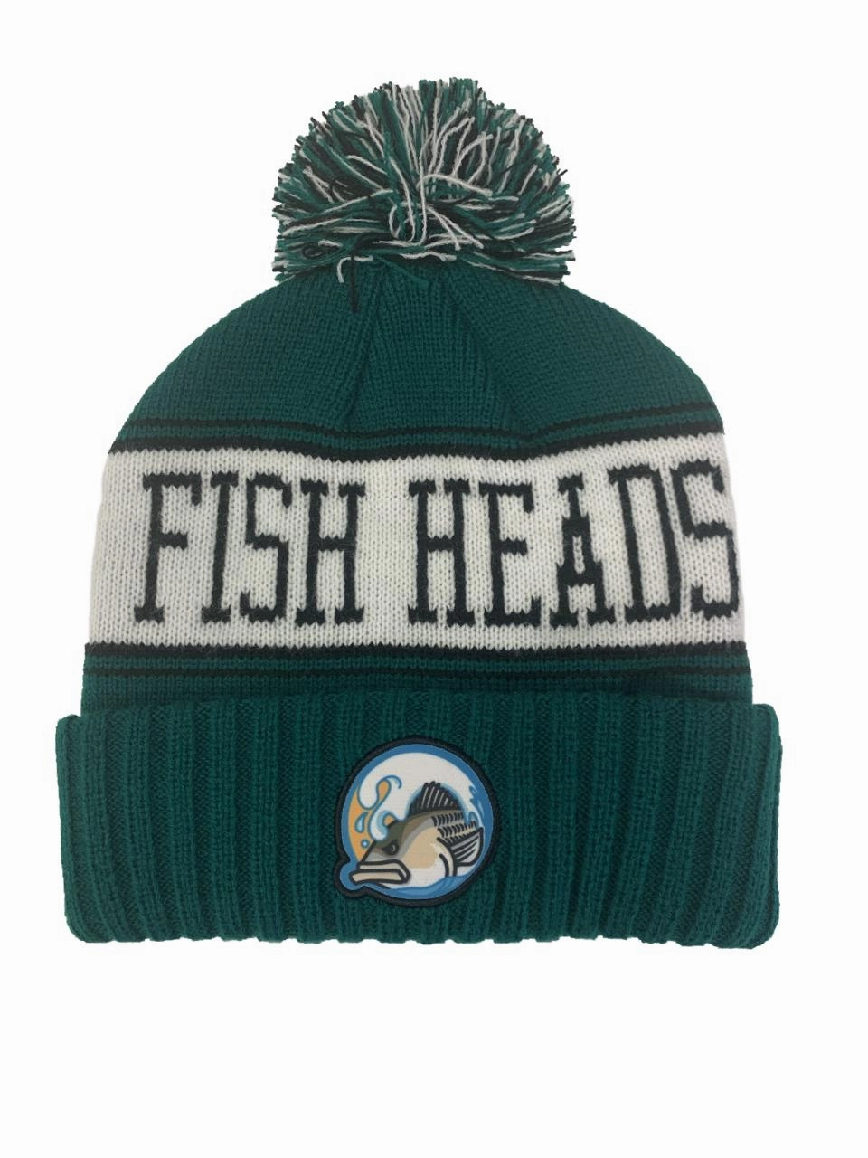Fish Heads Striper Wave Patch Pom Pom Beanie