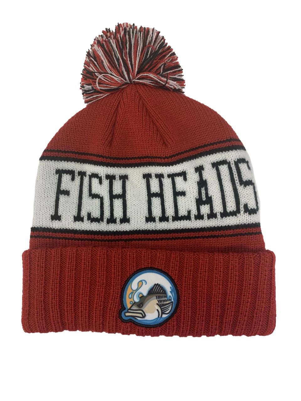 Fish Heads Striper Wave Patch Pom Pom Beanie